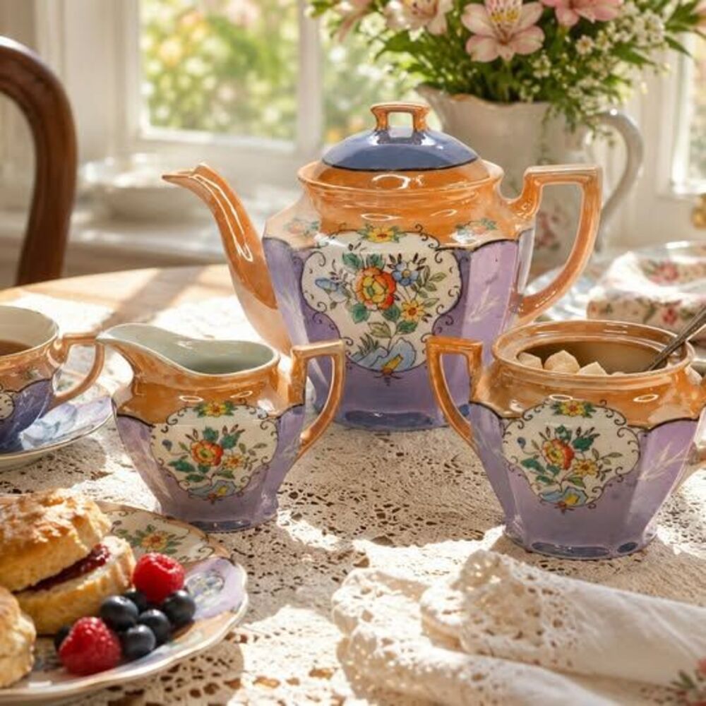 Vintage Takito Japan Lusterware Tea Set | 3 Pc Peach Blue Floral | 1920s-1940s